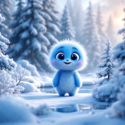 The primary subject of the image is a small, blue, fluffy creature, possibly a character from a cartoon or video game, standing in a snowy environment. The creature appears to be smiling, giving the impression of a friendly and cheerful atmosphere. The setting includes a body of water, such as a lake, and a forest in the background. The visual style of the image is a combination of digital art and illustration, creating a vibrant and engaging scene. The dominant colors in the image are blue and white, which contribute to the overall cold and wintry mood.